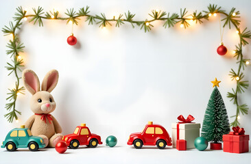 frame for text made from colorful kids toys, bunny, toy cars, balls, cubes, with golden garland lights, on white Christmas background, festive golden boke