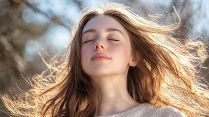 Fototapeta premium Young woman with long hair enjoying sun with closed eyes getting natural vitamin D outdoors. Peace of mind. Mindfulness, mental health, spirituality, well-being, unwind yourself