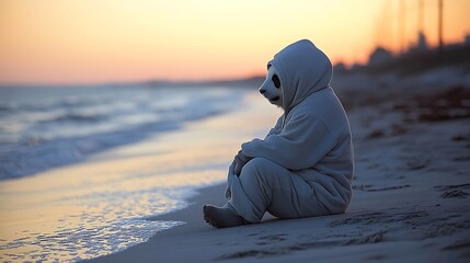 A contented panda in a yoga instructor&acirc;&euro;&trade;s outfit, practicing yoga on a beach at sunrise