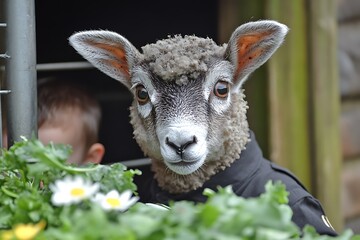 A contented sheep in a nanny uniform, taking care of children in a playground