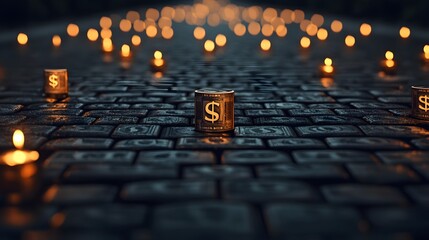 Obraz premium A Captivating Pathway of Dollar Symbols Illuminated by Flickering Candles at Dusk's Embrace. Psychology of Money Concept