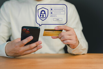 A secure online payment concept featuring a person holding a smartphone and credit card, with a login interface and padlock icon indicating digital security.