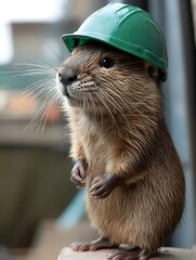 A focused beaver in a carpenter&acirc;&euro;&trade;s outfit, building furniture in a workshop