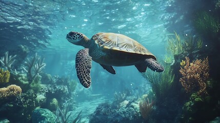 Obraz premium A serene underwater scene featuring a turtle swimming among vibrant coral reefs.