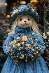 A happy bear dressed as a baker, kneading dough in a rustic bakery