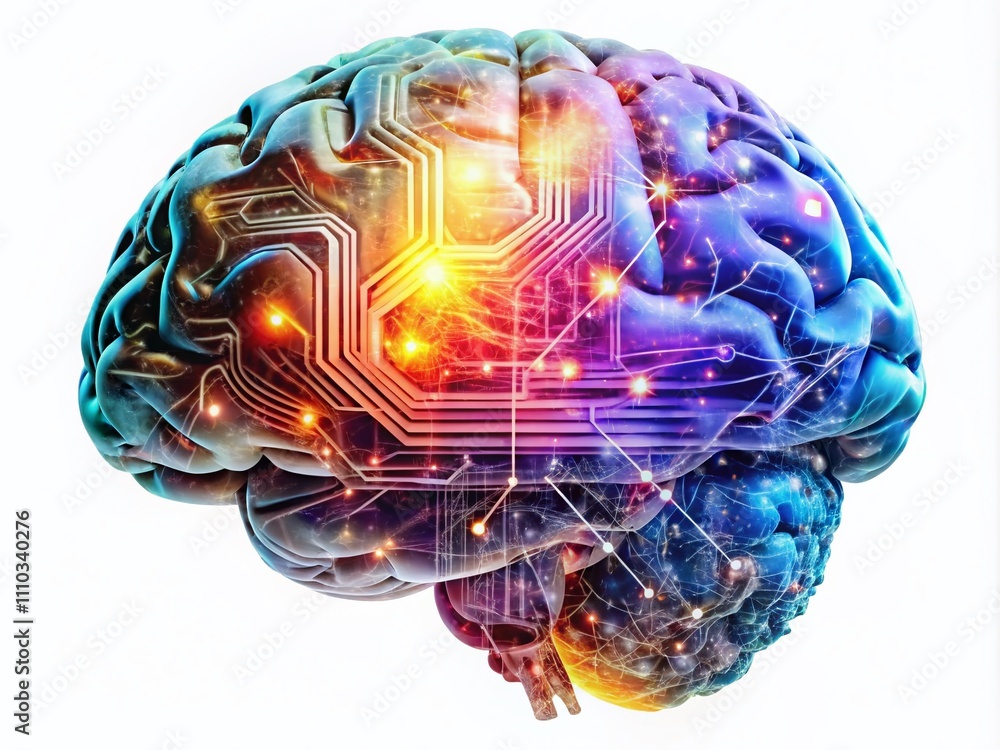 Poster intricate double exposure of a brain constructed with circuitry on a minimalist white background, me