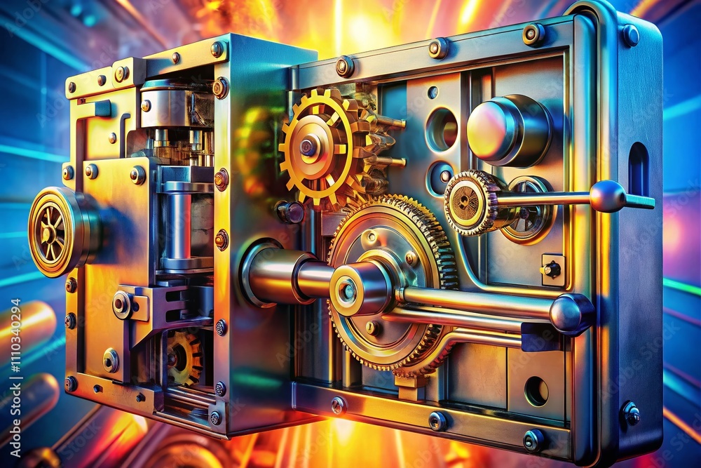 Poster intricate double exposure of a mechanical lock system, showcasing internal components and design int