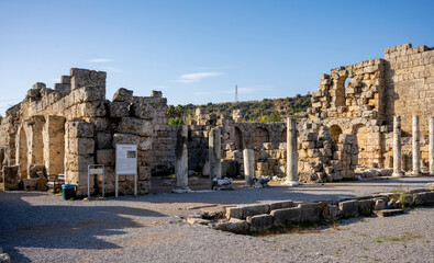 Rows of columns in Perge, Antalya, Turkey. Remains of colonnaded street in Pamphylian ancient city.Rows of columns in Perge, Antalya, Turkey. Ancient Kestros Fountain. Aksu, Antalya