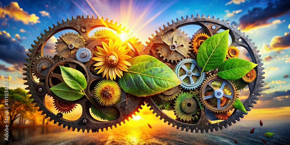 Poster intricate double exposure photography of clockwork gears collage merging nature and mechanism, symbo