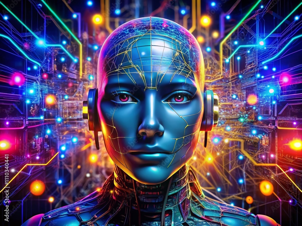 Poster intricate drone photography of a futuristic robot face surrounded by a complex network of circuits a