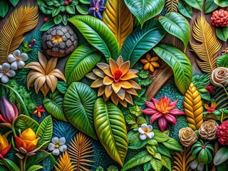 Intricate Volumetric Stucco Panel Showcasing Tropical Foliage and Colorful Blooms for Botanical and Decorative Themes