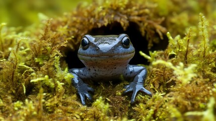 Obraz premium A Blue Frog Peeking From Its Mossy Home