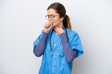 Young caucasian nurse woman isolated on white background is suffering with cough and feeling bad