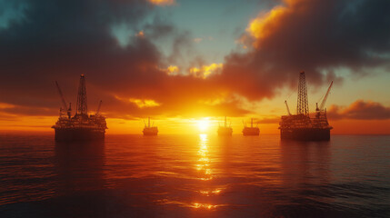 Obraz premium Energy dominance oil global concept. A serene sunset scene featuring oil rigs set against a vast ocean, ideal for illustrating energy, industry, and natural beauty in stock imagery.