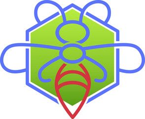 bee design outlined in blue with a red-striped abdomen. The bee is placed over a green hexagonal background, symbolizing a honeycomb or environmental theme.