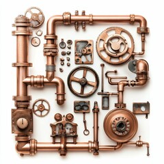 Fototapeta premium Copper pipes, gears, and clockwork components arranged.