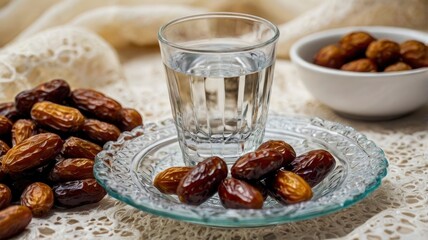 A glass of water and dry dates on saucer ready to eat for iftar time. Islamic religion and ramadan concept.