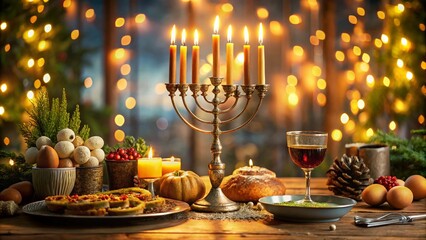 Obraz premium Joyful Jewish New Year Celebration 2023: Symbolism of Hope, Family, and Traditions in a Festive Atmosphere with Candles, Menorah, and Traditional Dishes