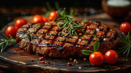 A beautifully grilled steak garnished with rosemary and cherry tomatoes, presented on a rustic wooden platter.