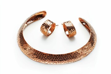 Copper necklace and earrings; textured, crescent design.