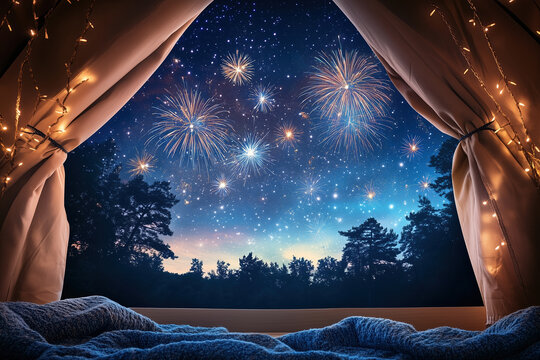 Cozy Indoor View of Sparkling Fireworks Display Under Night Sky Through Window Drapes