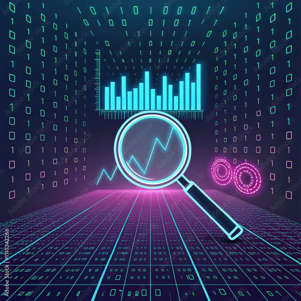 Aufkleber magnifier with data analysis background