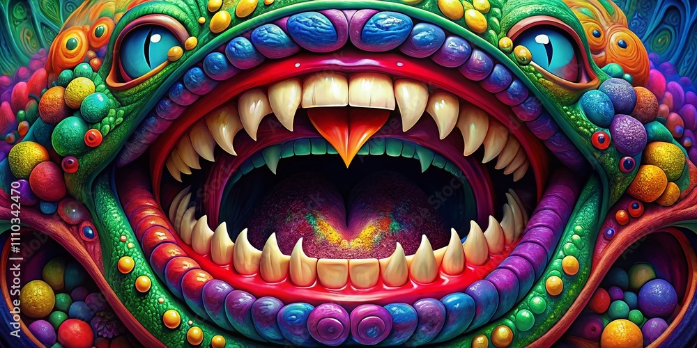 Poster large round monster mouth in vibrant colors - perfect for creative projects and imaginative designs 