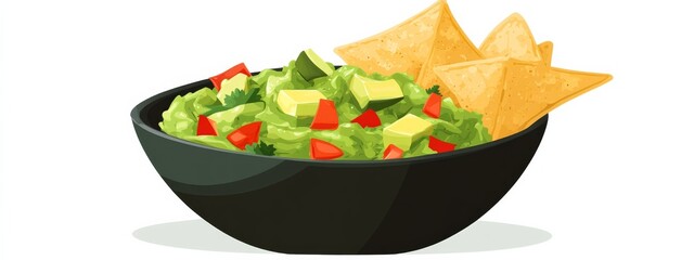 A bowl of vibrant guacamole with tortilla chips on the side, isolated white background, pop art...