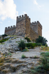 Fototapeta premium Medieval towers of the consular castle of the Genoese fortress in the city of Sudak. Crimean Peninsula. Russia