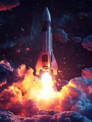 Fototapeta premium Blasts off space rocket from cosmodrom, polygonal style 3D Render
