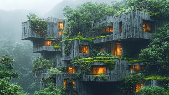 Exploration of a maximalist brutalism structure surrounded by lush greenery