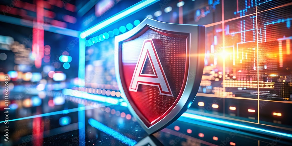 Aufkleber light red shield with a on digital screen in tilt-shift photography style for modern security and pr