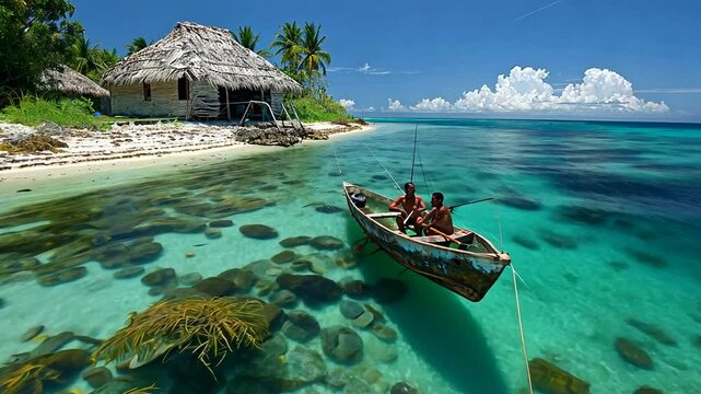 Fishing excursion near a tropical island with a traditional hut and clear blue water