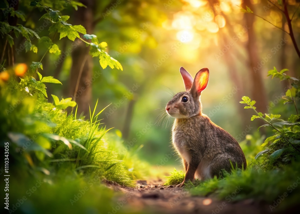Poster long exposure capture of an eastern cottontail rabbit in a lush summer forest setting with soft ligh