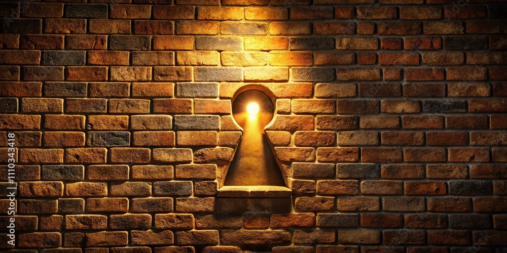 Poster long exposure of a brick wall featuring a keyhole shape illuminated with soft light, creating a myst