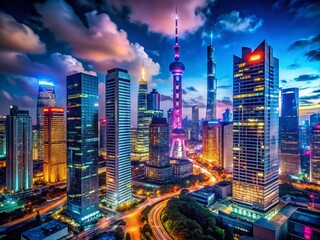 Naklejka premium Long Exposure of a Modern Asian City at Night with Skyscrapers, Tower, and Vibrant Neon Lights in Pixel Art Style – Captivating Urban Landscape Photography
