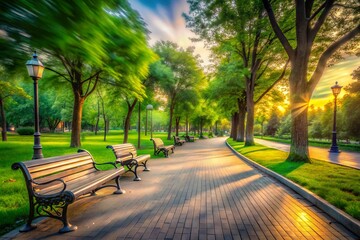 Fototapeta premium Long Exposure of a Paved Path with Benches in a City Park, Showcasing a Serene Public Space for Outdoor Recreation and Relaxation Amidst a Calm Urban Environment