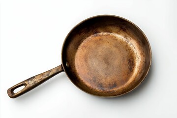 Aged, dark-brown frying pan; well-used; white background.