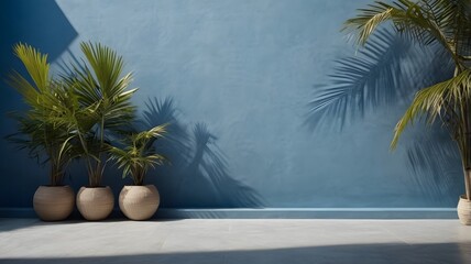 Obraz premium Empty palm shadow blue color texture pattern cement wall background. Used for presentation business nature organic cosmetic products for sale shop online. Summer tropical beach with minimal concept