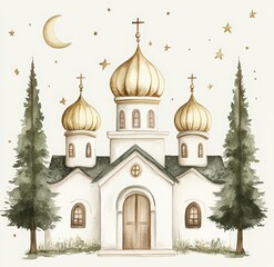 Obraz premium watercolor painting of a winter white Russian church with golden domes, stars, and a moon. Orthodox church surrounded by green Christmas trees