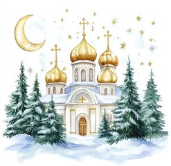 Fototapeta premium watercolor painting of a winter white Russian church with golden domes, stars, and a moon. Orthodox church surrounded by green Christmas trees