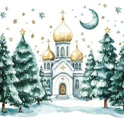 Fototapeta premium watercolor painting of a winter white Russian church with golden domes, stars, and a moon. Orthodox church surrounded by green Christmas trees