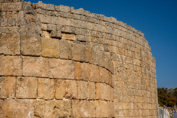 Rows of columns in Perge, Antalya, Turkey. Remains of colonnaded street in Pamphylian ancient city.Rows of columns in Perge, Antalya, Turkey. Ancient Kestros Fountain. Aksu, Antalya