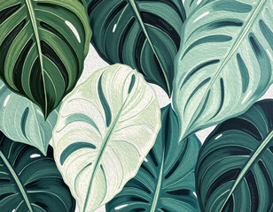 Monstera leaves. Oil painting. Pattern for printing on wall decorations, covers, leaflets, business cards