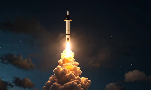 A rocket launching into the night sky, emitting bright flames and smoke, symbolizing exploration and technology.