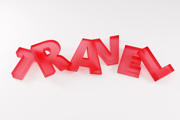 Luxury red glass inscription travel on grey podium, soft light, smooth background, 3d rendering