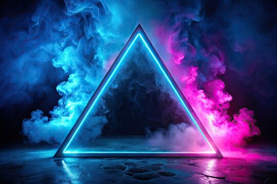 Blue and Pink Neon Arch Triangle Portal with Swirling Smoke and Fog, Aerial View of a Mystical Scene, Perfect for Futuristic Themes and Abstract Art