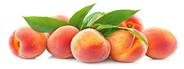A bunch of ripe peaches with leaves, isolated white background, minimalism art style