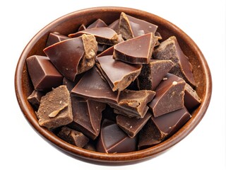 Broken Chocolate Pile in Ceramic Bowl | Overhead Food Photography on White Background | Delicious Cocoa Dessert | Ideal for Recipes, Gourmet Cooking, and Food Blogs