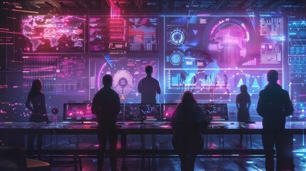A futuristic control room filled with vibrant displays, showcasing data visualizations and silhouettes of individuals engaged in tech analysis.